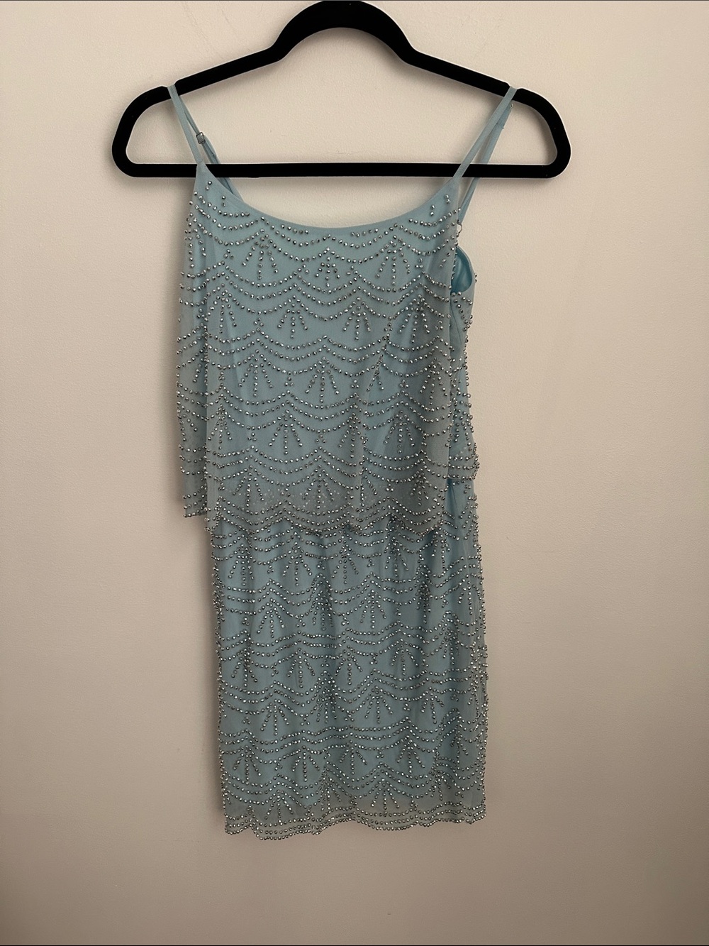 Xscape Light Blue Beaded Mini Dress